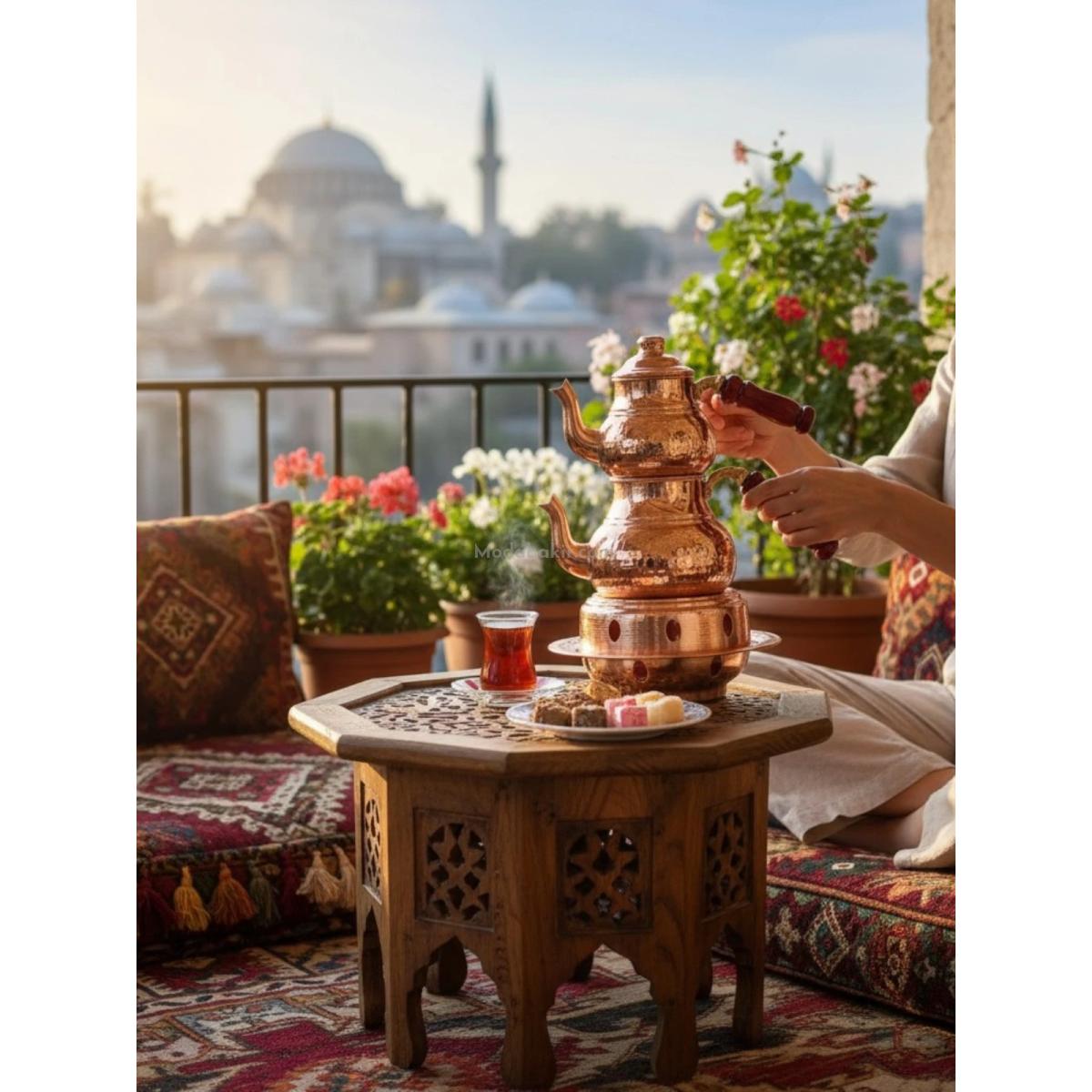Osmanlı Ocaklı Bakır Çaydanlık Takımı Balkon Sefası Küçük Boy - Görsel 2