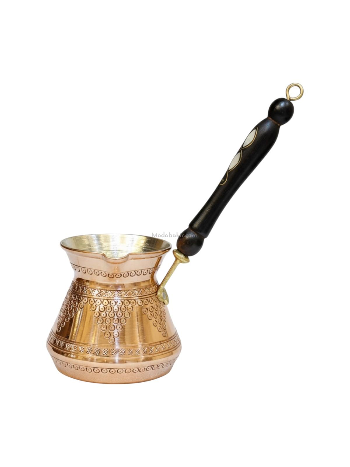Ahşap Saplı İşlemeli Bakır Cezve 4 Kişilik - Görsel 1