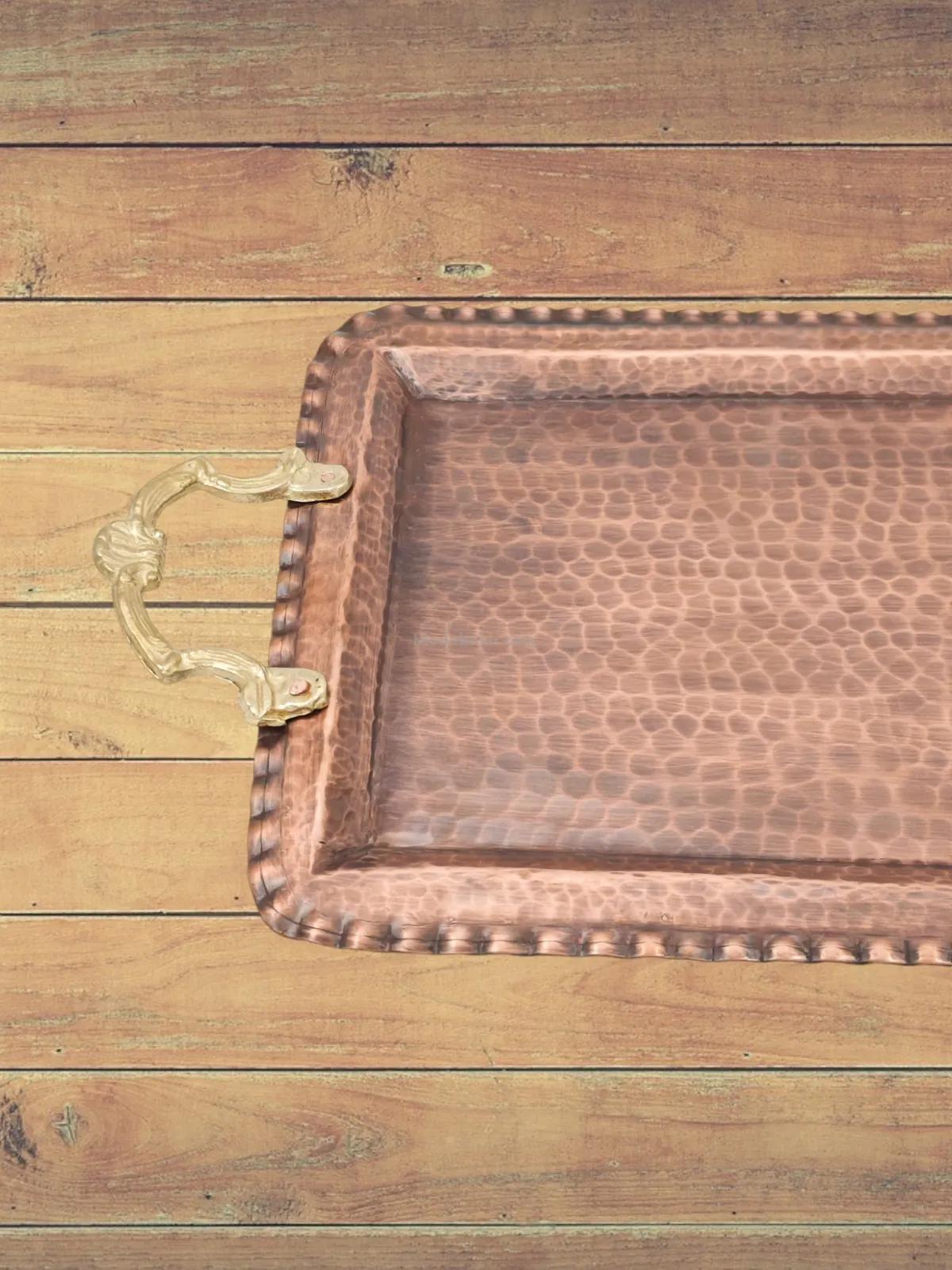 Kulplu Bakır Dikdörtgen Tepsi Oksit Renk - Görsel 2