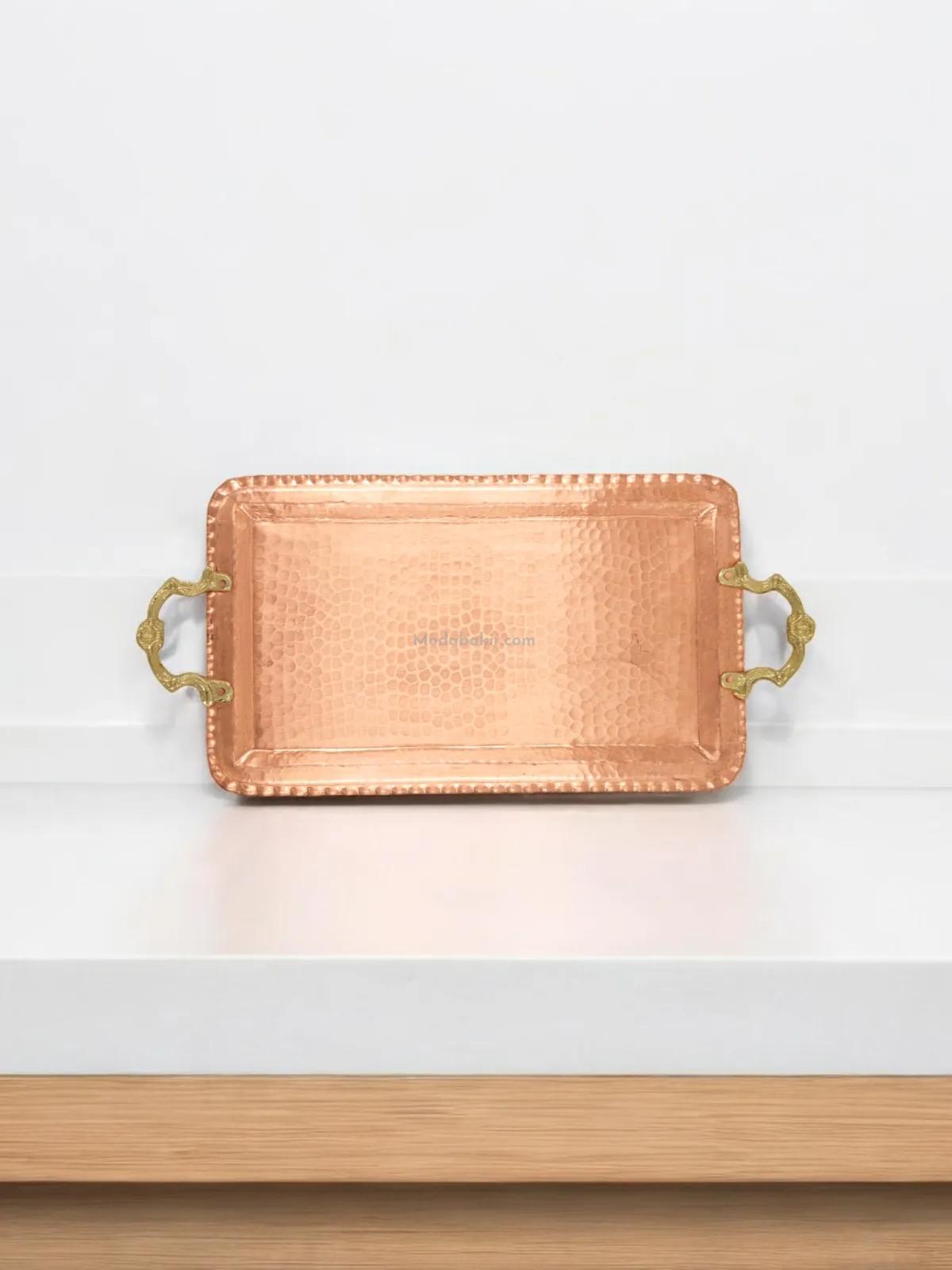 Kulplu Bakır Dikdörtgen Tepsi - Görsel 2