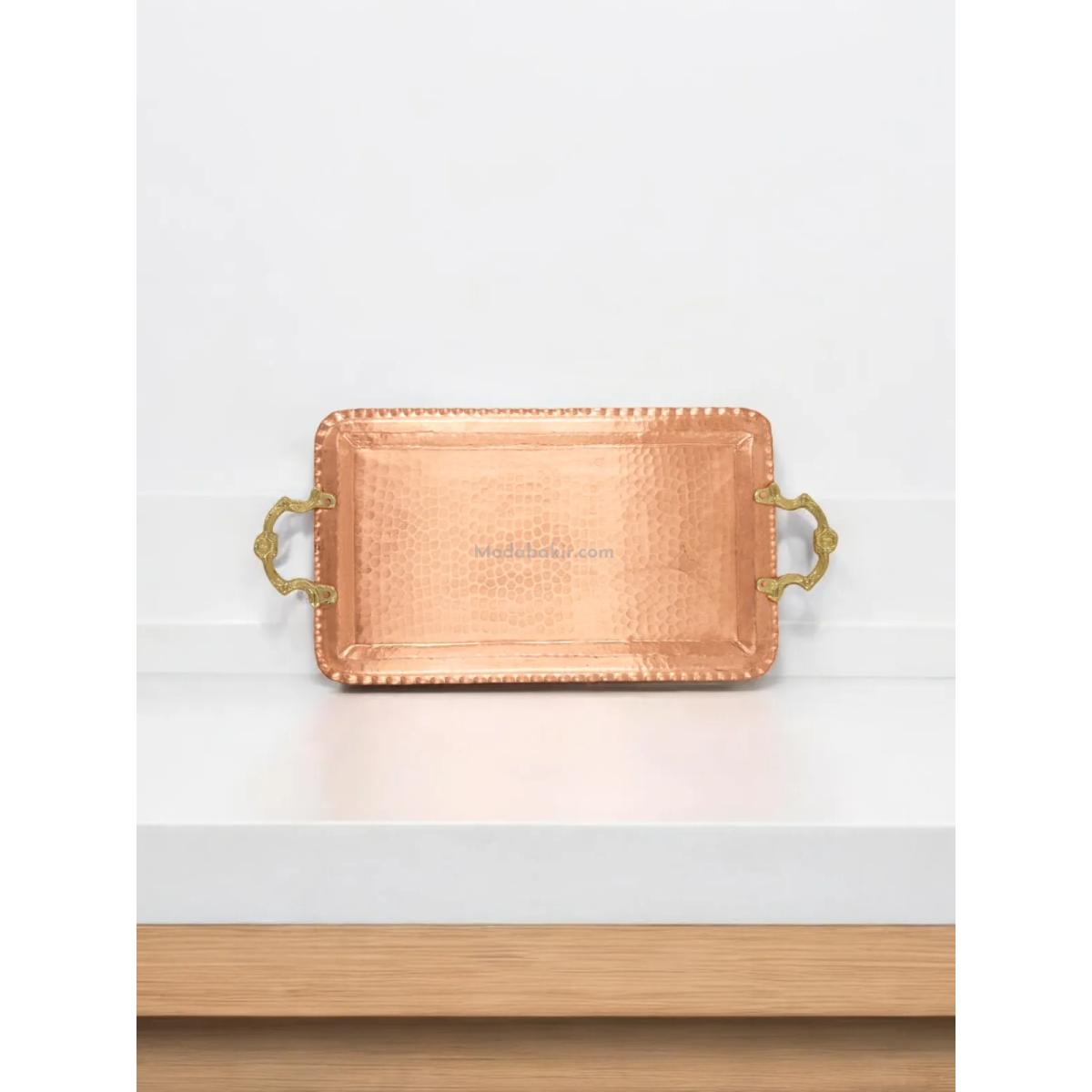 Kulplu Bakır Dikdörtgen Tepsi - Görsel 2