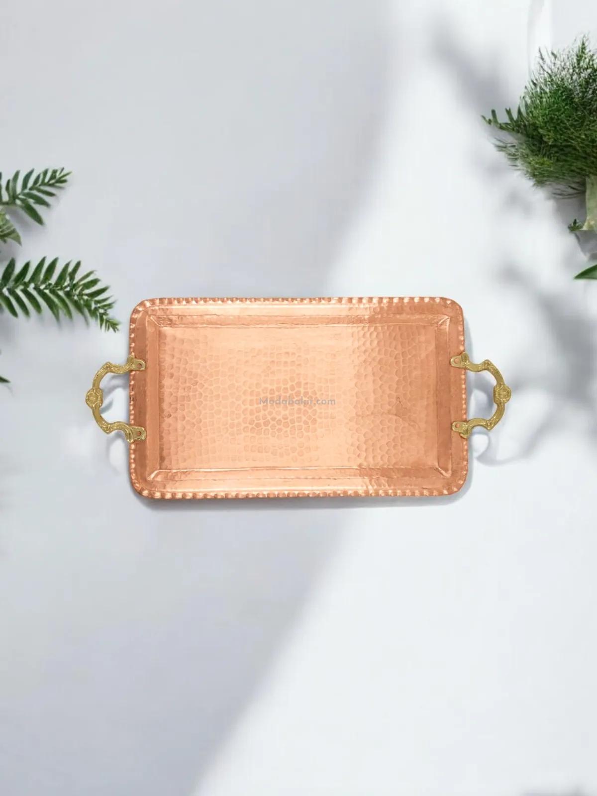 Kulplu Bakır Dikdörtgen Tepsi - Görsel 3