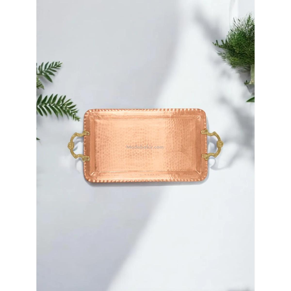 Kulplu Bakır Dikdörtgen Tepsi - Görsel 3