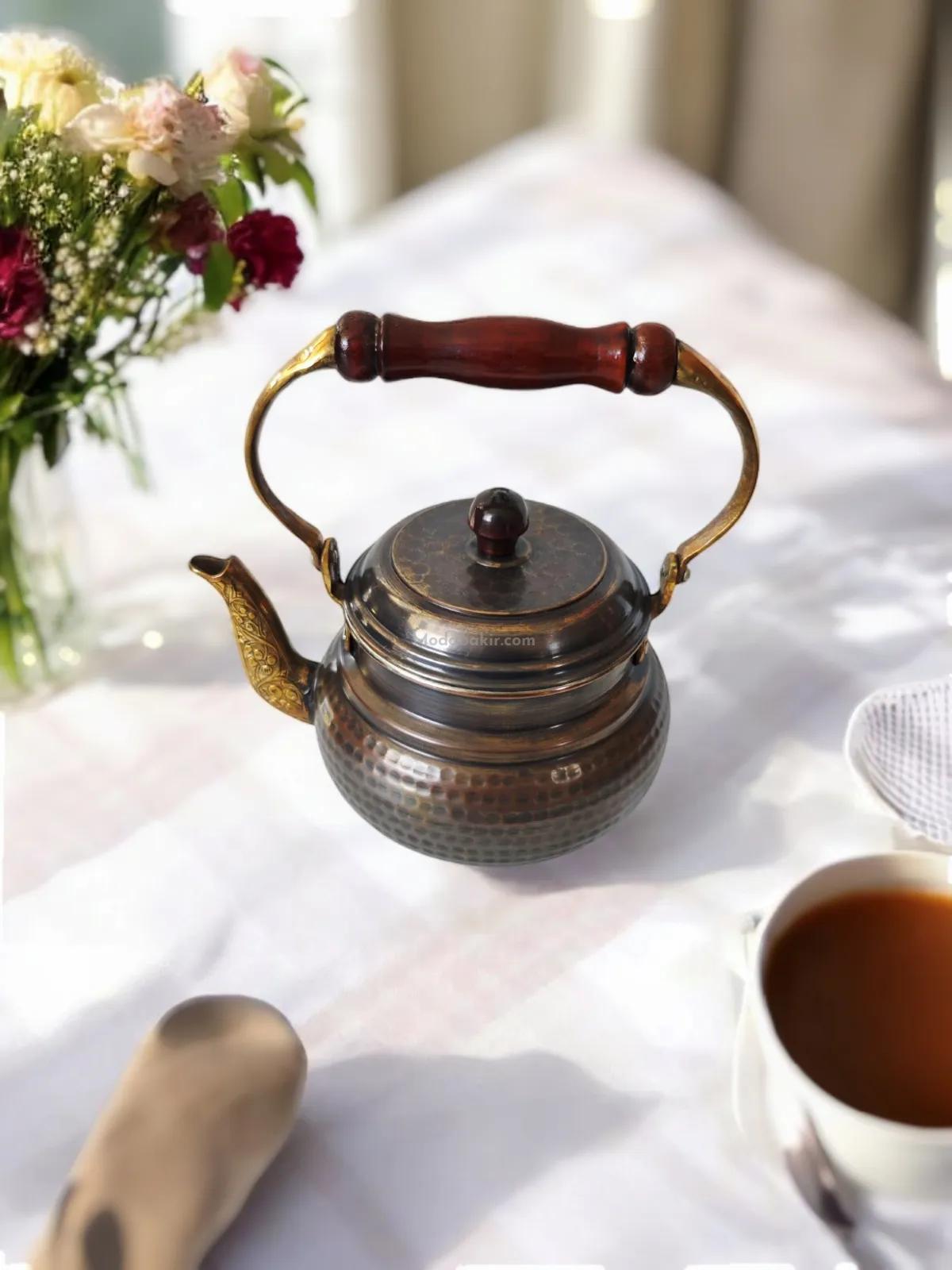 Ahşap Saplı Bakır Demlik Oksit - Görsel 3