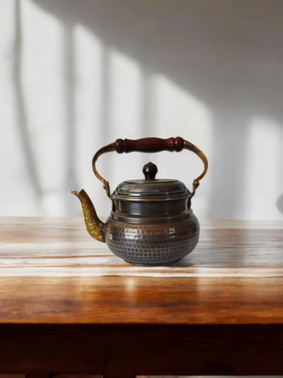 Ahşap Saplı Bakır Demlik Oksit - Görsel 4