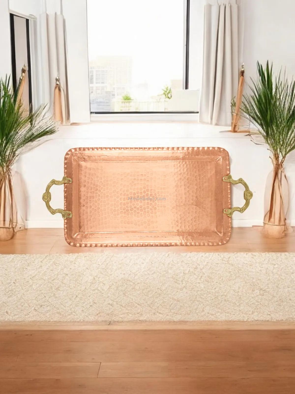 Kulplu Bakır Dikdörtgen Tepsi - Görsel 4