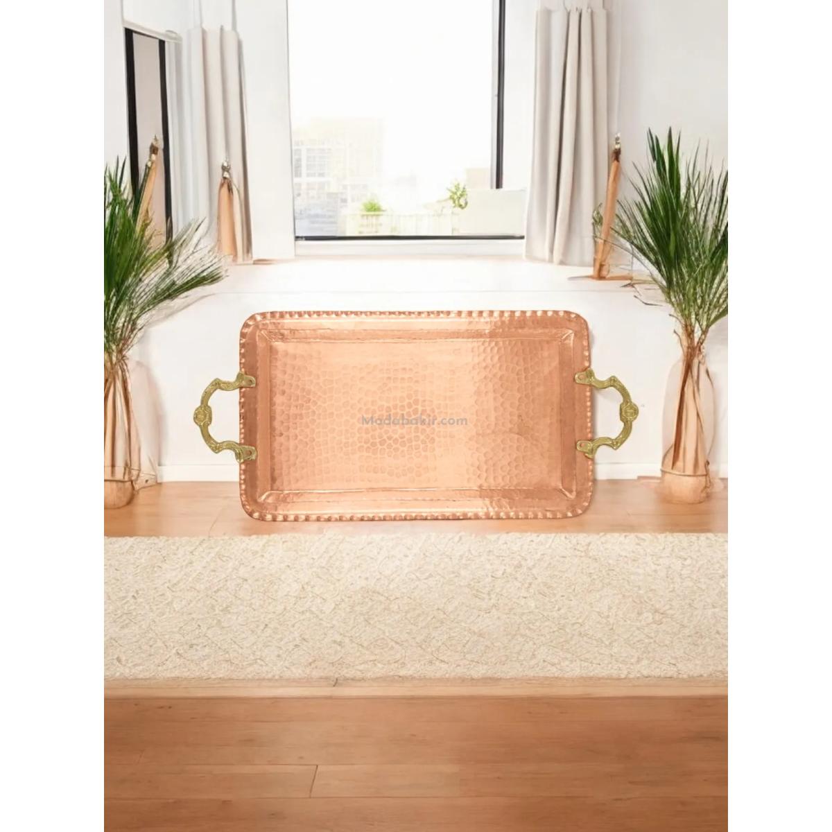 Kulplu Bakır Dikdörtgen Tepsi - Görsel 4