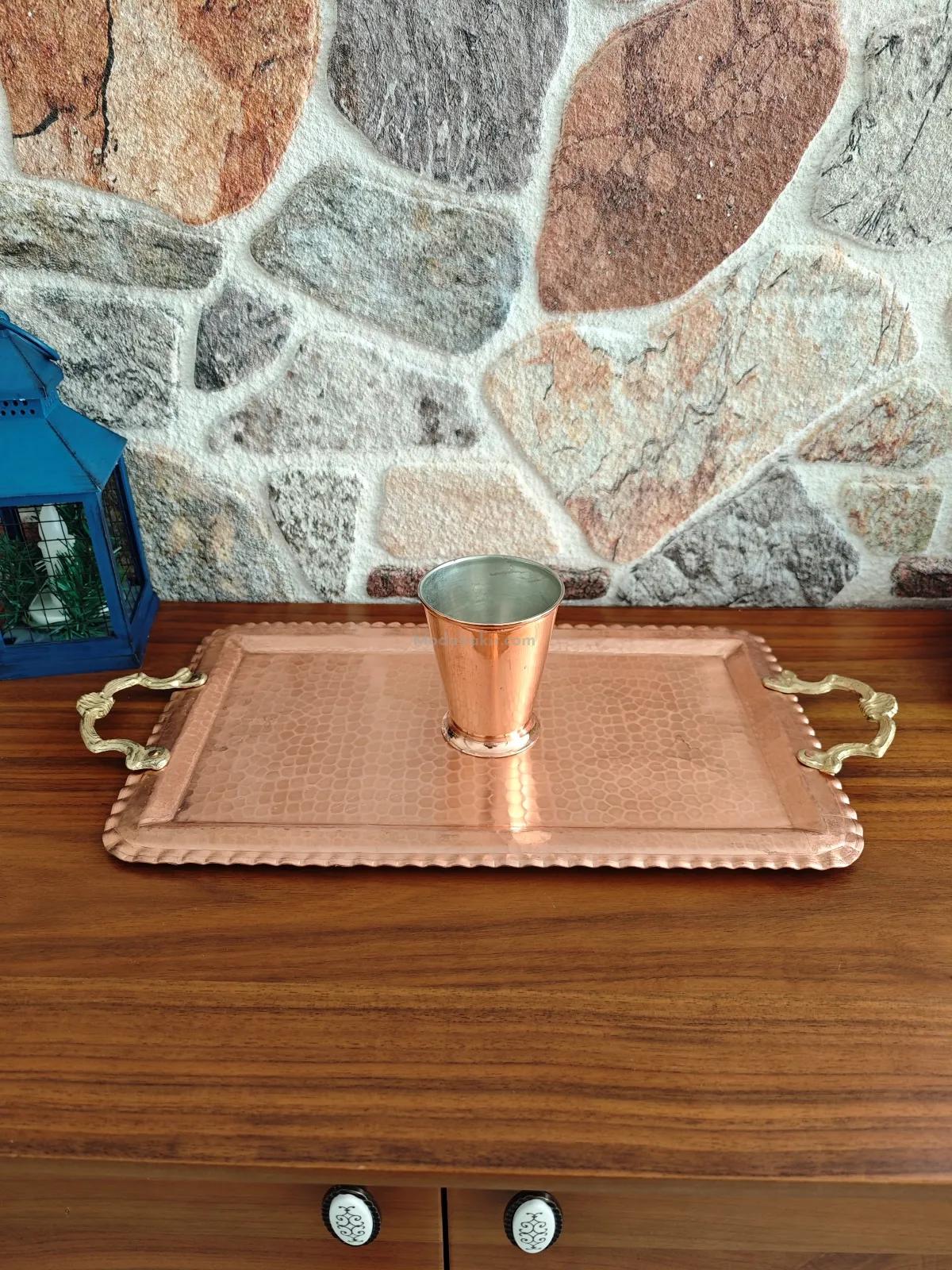 Kulplu Bakır Dikdörtgen Tepsi - Görsel 5