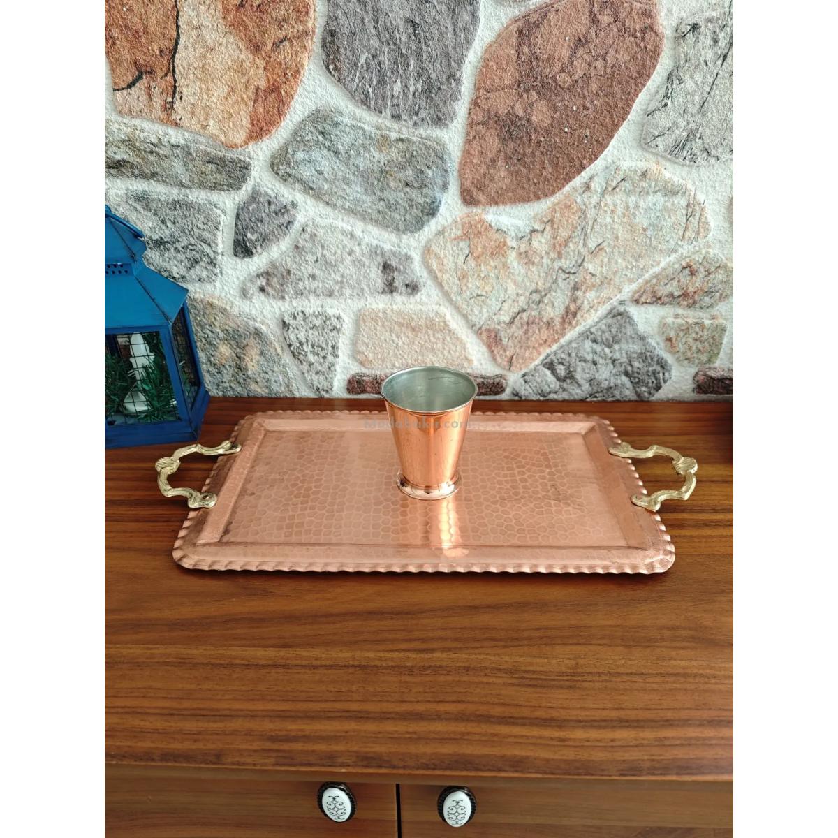 Kulplu Bakır Dikdörtgen Tepsi - Görsel 5