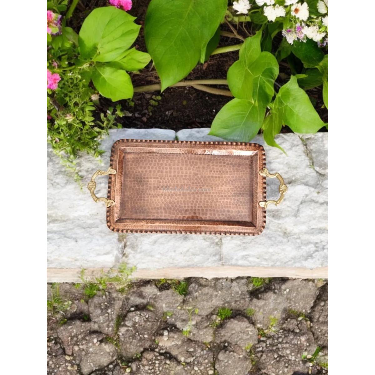 Kulplu Bakır Dikdörtgen Tepsi Oksit Renk - Görsel 3