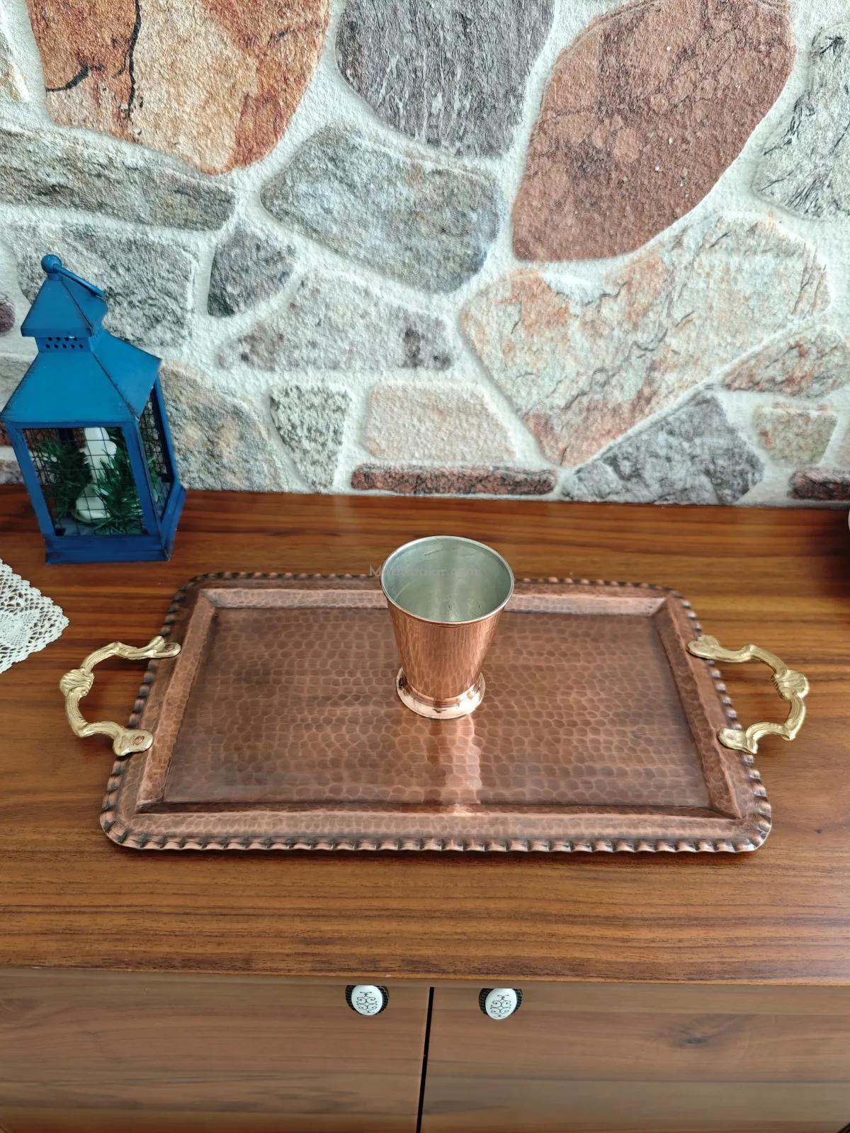 Kulplu Bakır Dikdörtgen Tepsi Oksit Renk - Görsel 4