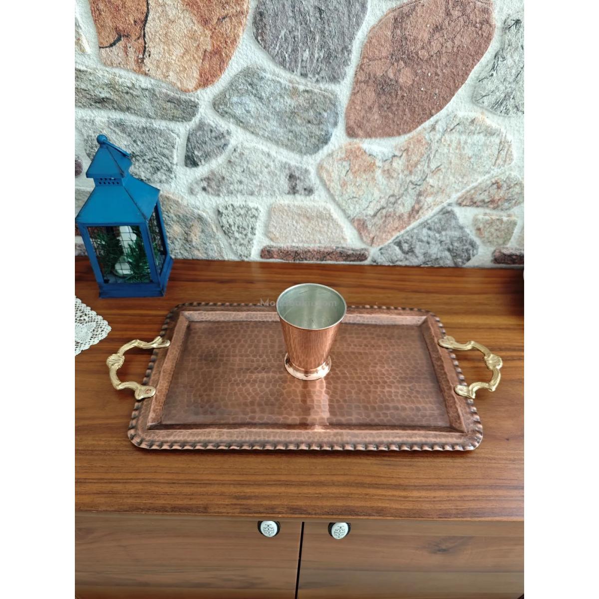 Kulplu Bakır Dikdörtgen Tepsi Oksit Renk - Görsel 4