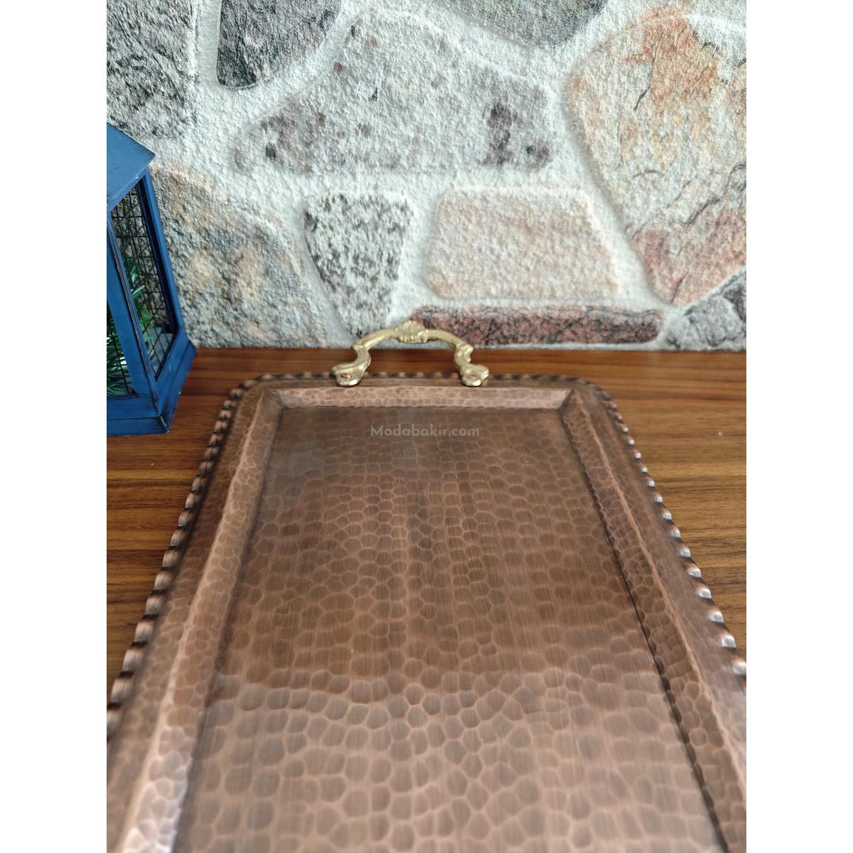 Kulplu Bakır Dikdörtgen Tepsi Oksit Renk - Görsel 5