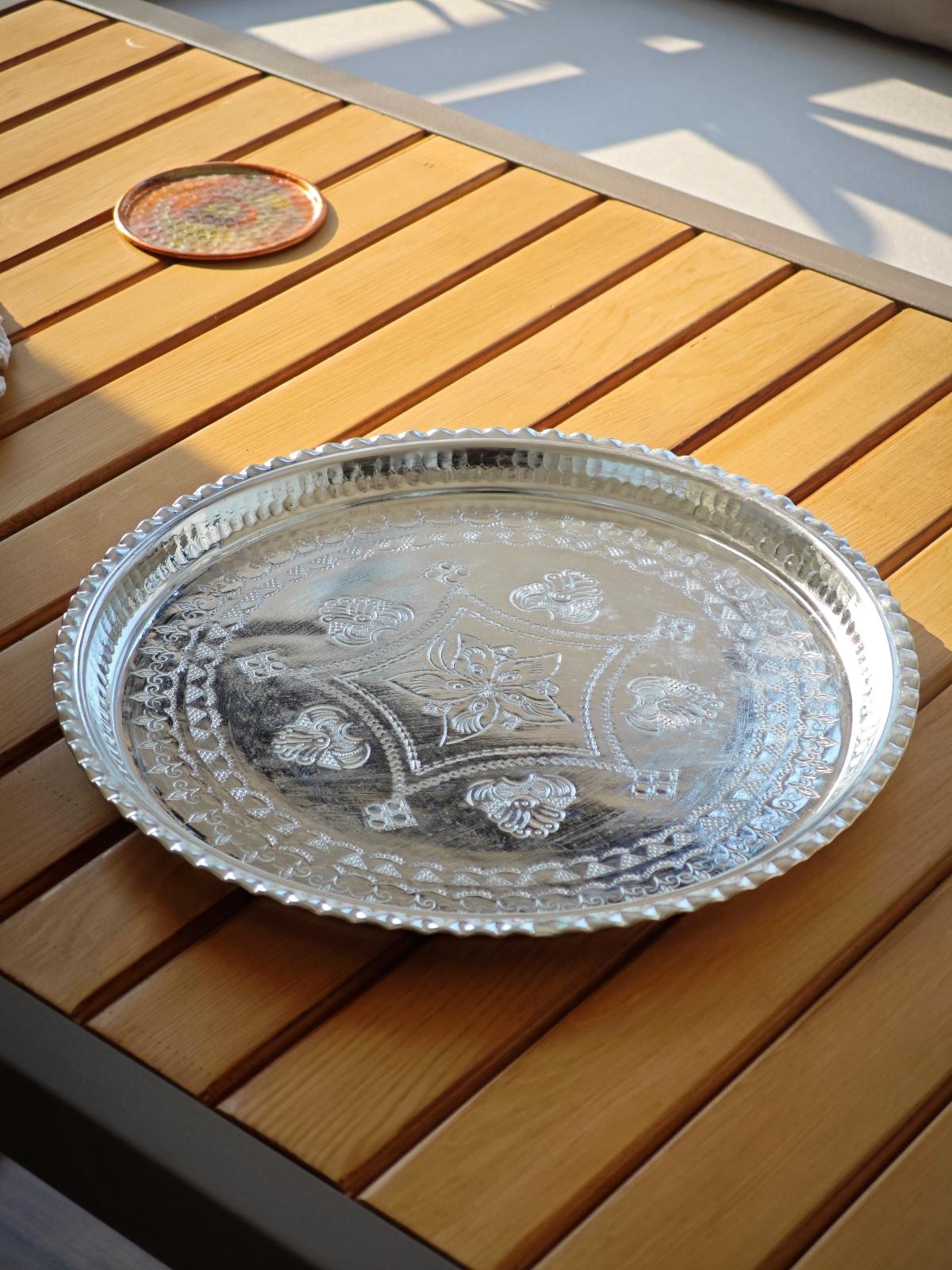 Bakır Kalaylı İşlemeli Tepsi 34 Cm - Görsel 6