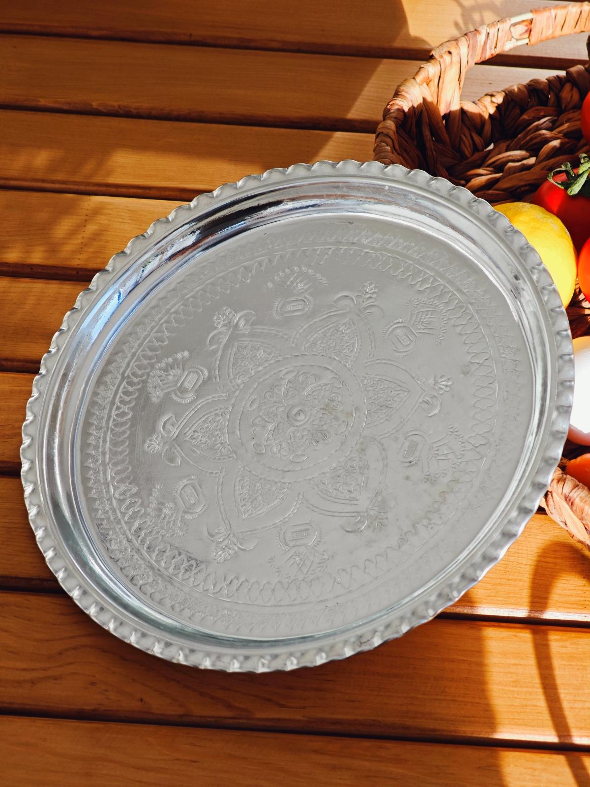 Bakır Kalaylı İşlemeli Tepsi 34 Cm - Görsel 7