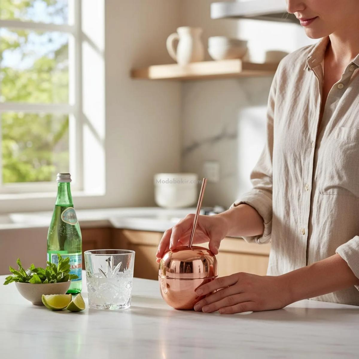 Bakır Kokteyl Bardağı Pipetli - Görsel 2