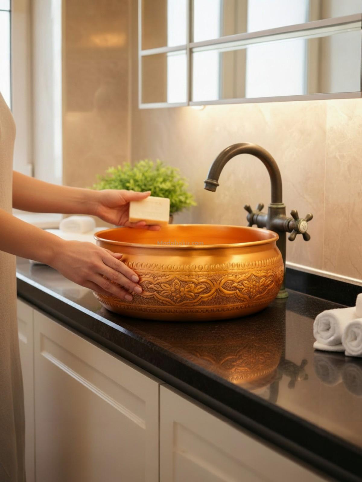 İşlemeli Bakır Çanak Lavabo 40 cm - Görsel 2