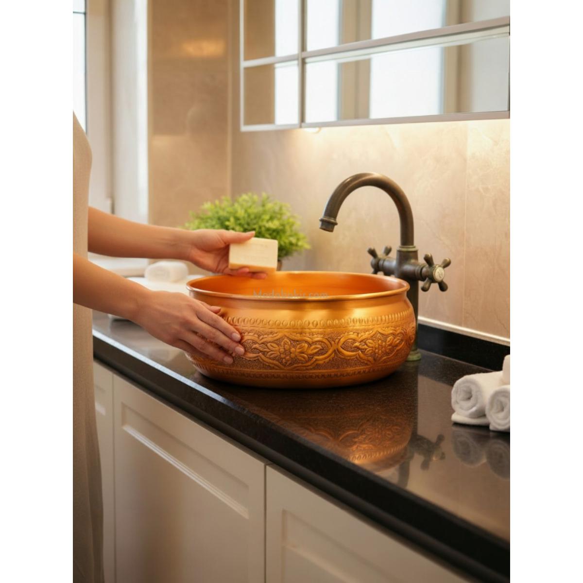 İşlemeli Bakır Çanak Lavabo 40 cm - Görsel 2