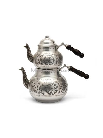 Moda Bakır Artisan Ornate Hand-Engraved Solid Copper Tea Kettle Set (Premium Silver-Finished)