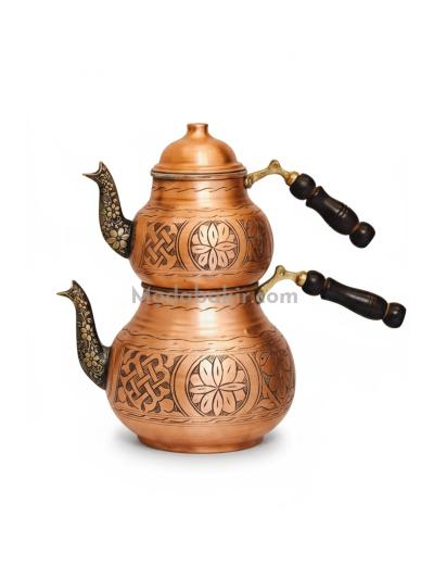 Moda Bakır Artisan Hand-Engraved Solid Copper Tea Kettle Set (Two-Tone Finish)