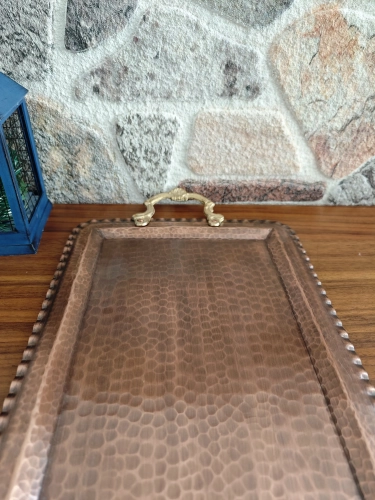 Kulplu Bakır Dikdörtgen Tepsi Oksit Renk - Görsel 5
