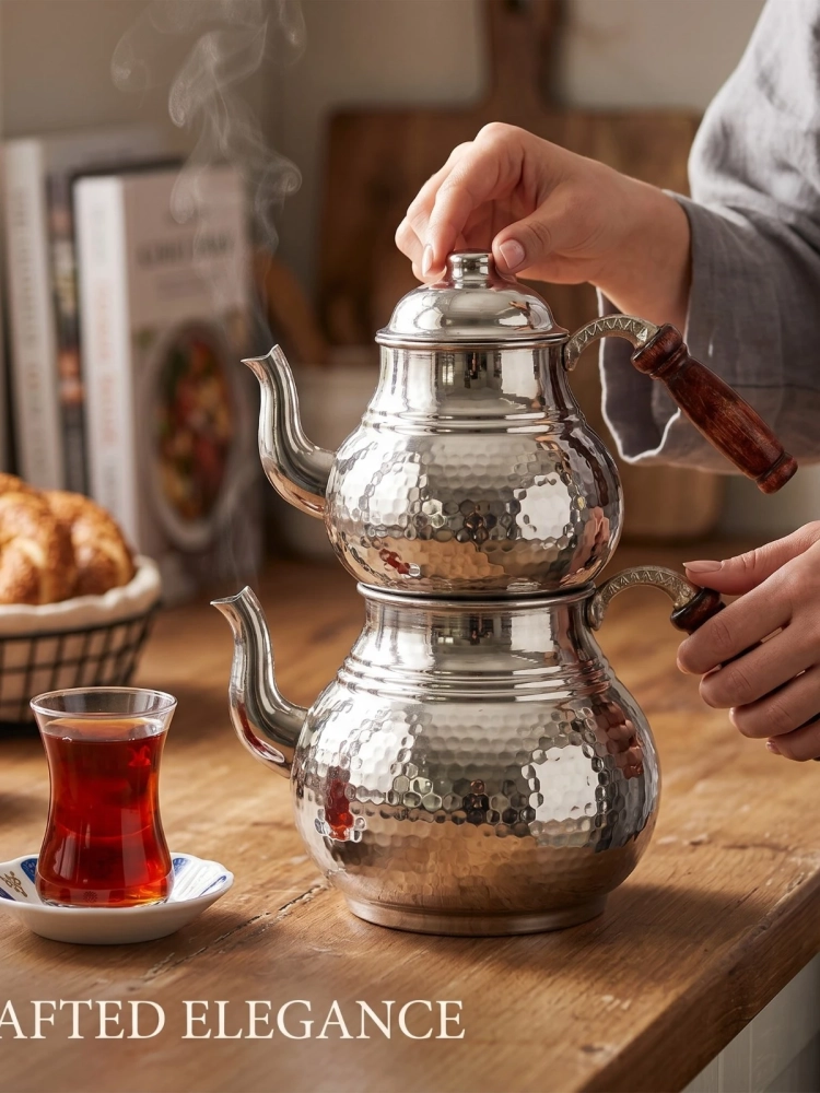 Büyük Boy Bakır Çaydanlık Gümüş - Görsel 2